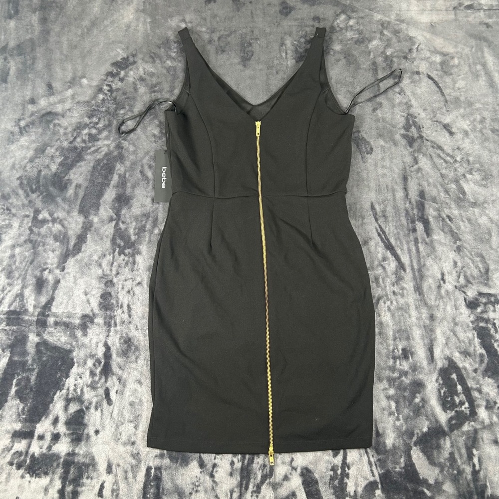 NWT Bebe Sheath Dress Womens 6 Black Gold Full Zip Back V-Neck Sleeveless